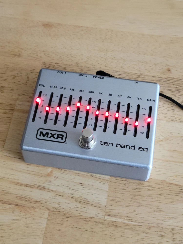 MXR ten-band EQ guitar pedal with red LED level indicators and slider controls