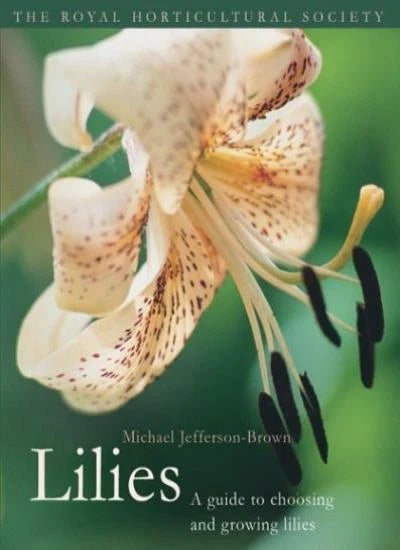 Lilies gardening guide book cover with white and peach lily flowers and RHS logo
