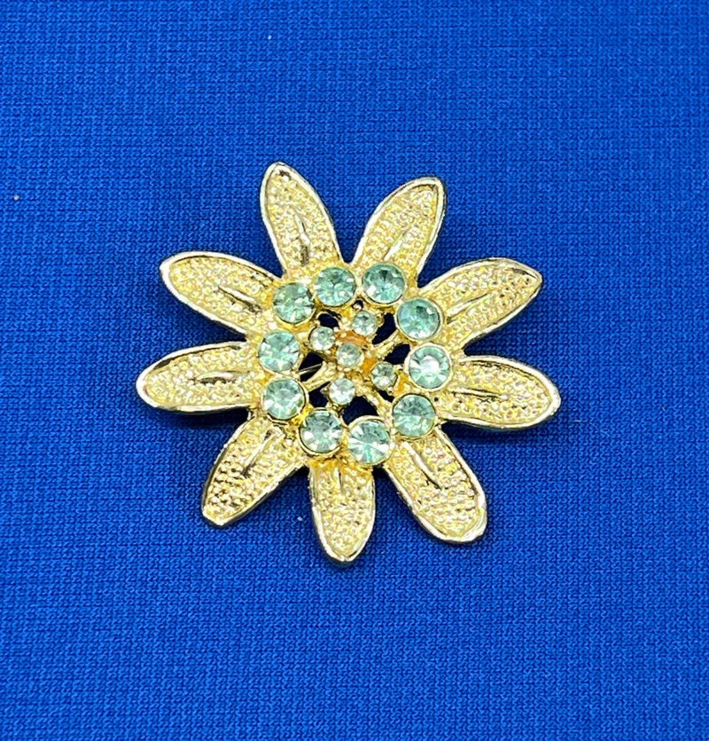 Goldtone Brooch Sun Flower Daisy Faceted Green Rhinestones 2" Diameter Sunflower