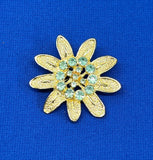 Goldtone Brooch Sun Flower Daisy Faceted Green Rhinestones 2" Diameter Sunflower