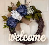 Rustic Grapevine Welcome Wreath With Blue Hydrangeas And Burlap Bow|front Door D Hydrangea