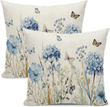Spring Pillow Covers 18X18 Set of 2 Blue Hydrangea Floral Butterfly Throw Pillow Hydrangea