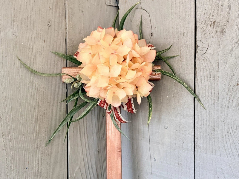 Hand-Painted Pine Cemetery Cross: Light Peach Colored Hydrangea Grave Decoration Hydrangea