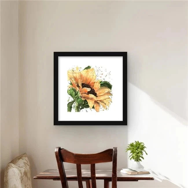 Framed sunflower wall art print with black frame and white mat