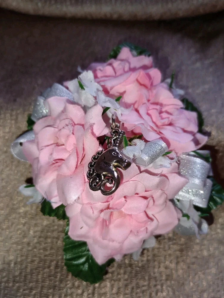 NEW 4" Long Artificial Light Pink Rose Wrist Corsage With Metal Unicorn Charm Bouquet