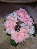 NEW 4" Long Artificial Light Pink Rose Wrist Corsage With Metal Unicorn Charm Bouquet