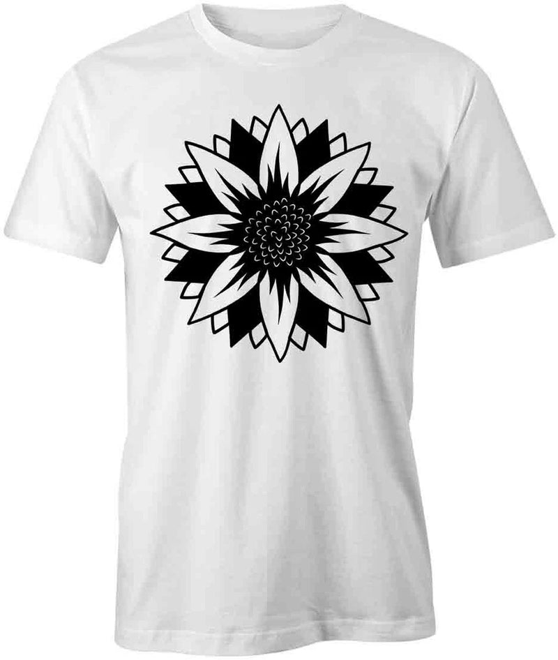 White cotton short-sleeve T-shirt with large black sunflower line-art graphic