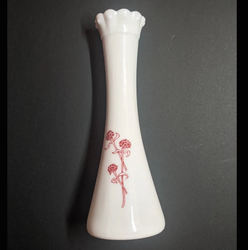 Vintage - Hazel-Atlas - Bud Vase - Red Carnations - 8,75'' H - Milk Glass - 60's Carnation