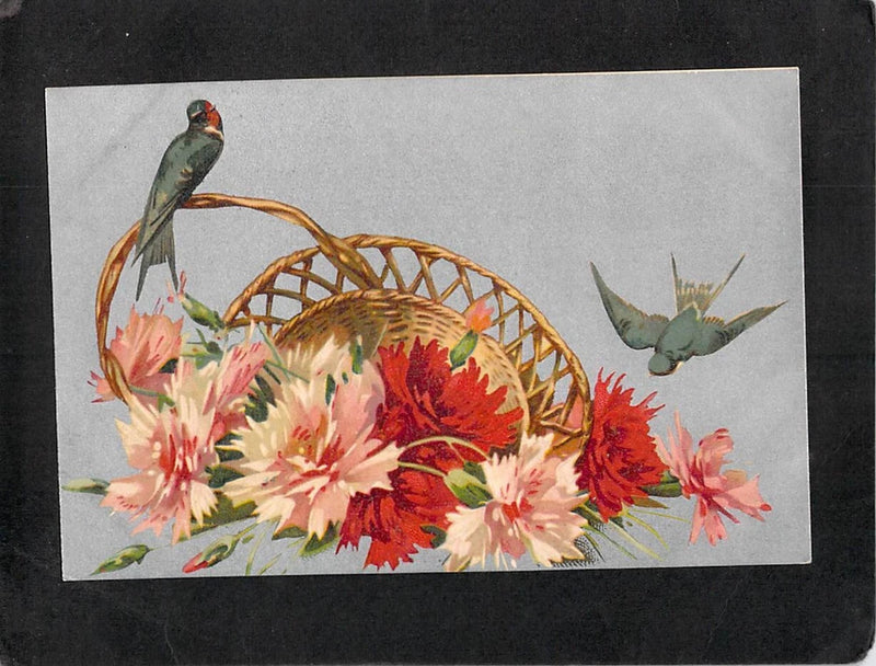 Vintage postcard illustration: carnations with two green swallows