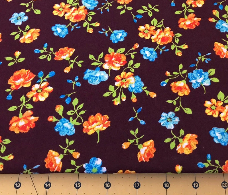 Blue and Peach Flowers on Brown 100% cotton fabric sold by the yard #2319 Flowering Plants