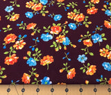 Blue and Peach Flowers on Brown 100% cotton fabric sold by the yard #2319 Flowering Plants