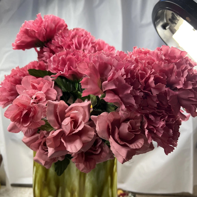 9 Vtg Bouquets Faux Flowers Mauve Pink Burgundy Roses Daisies Carnations NOS Carnation