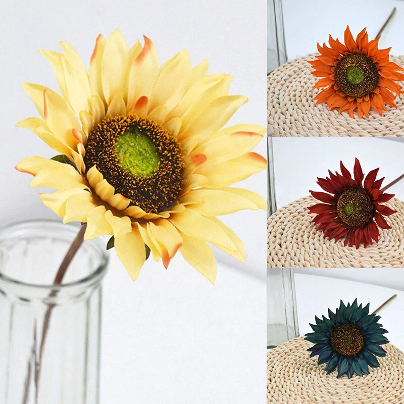 Artificial satin sunflower home decor, yellow bloom with textured dark center; also orange, red, teal