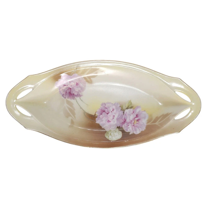 R.S. Germany Floral Dish Antique Vanity Tray Ornate Handles Pink Flowers Carnation