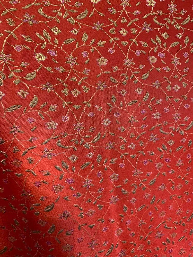 Red Small Floral - Faux Silk Brocade Fabric Flowering Plants