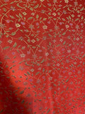Red Small Floral - Faux Silk Brocade Fabric Flowering Plants
