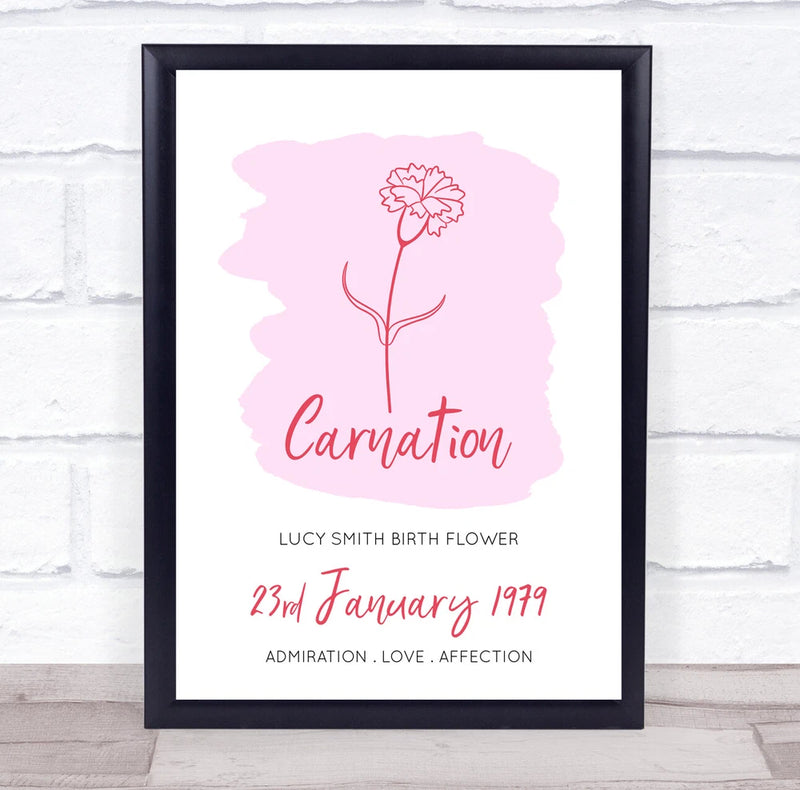 Pink Carnation January Flower Birthday Month Meaning Personalised Gift Print Carnation
