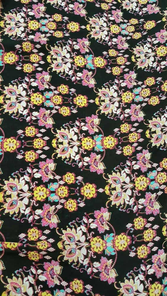Rayon Challis Fabric By Yard Pink Yellow Asian Inspired Flower Black Background Flowering Plants
