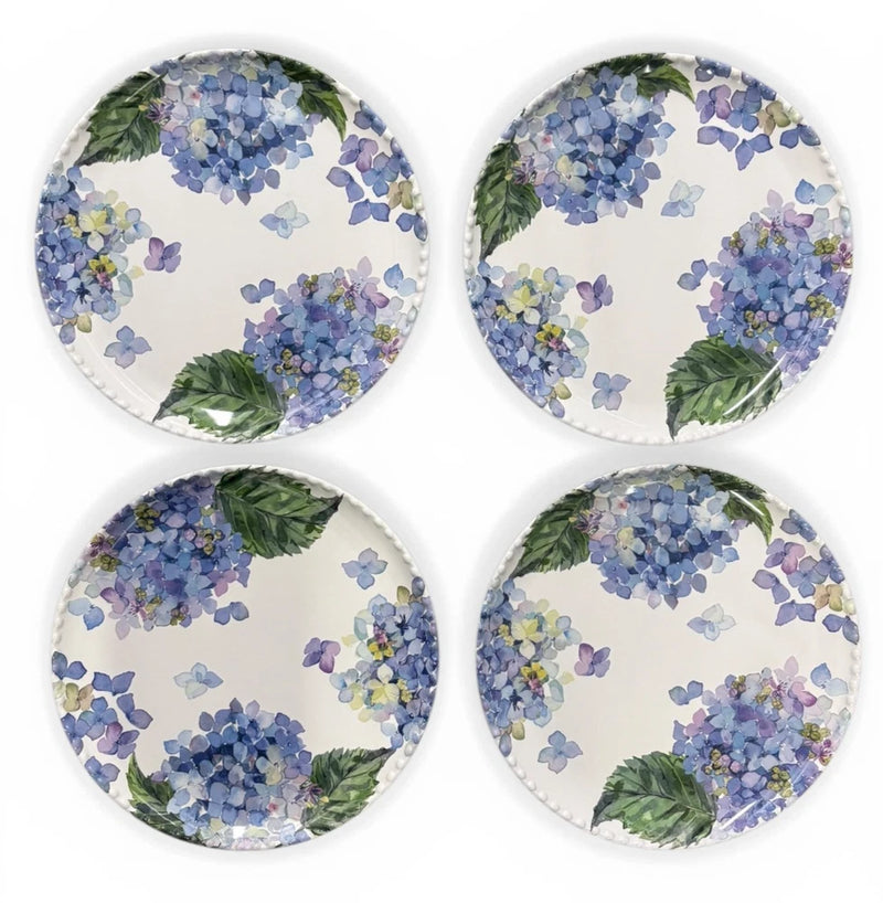 4- Rachel Ashwell Hydrangea Melamine Indoor/Outdoor Dinner Plate Set 10.5" NEW! Hydrangea