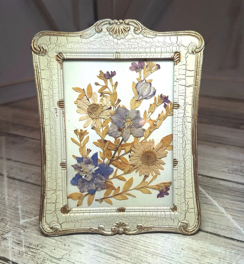 Ornate light green crackle framed pressed dried flowers artwork, floral collage