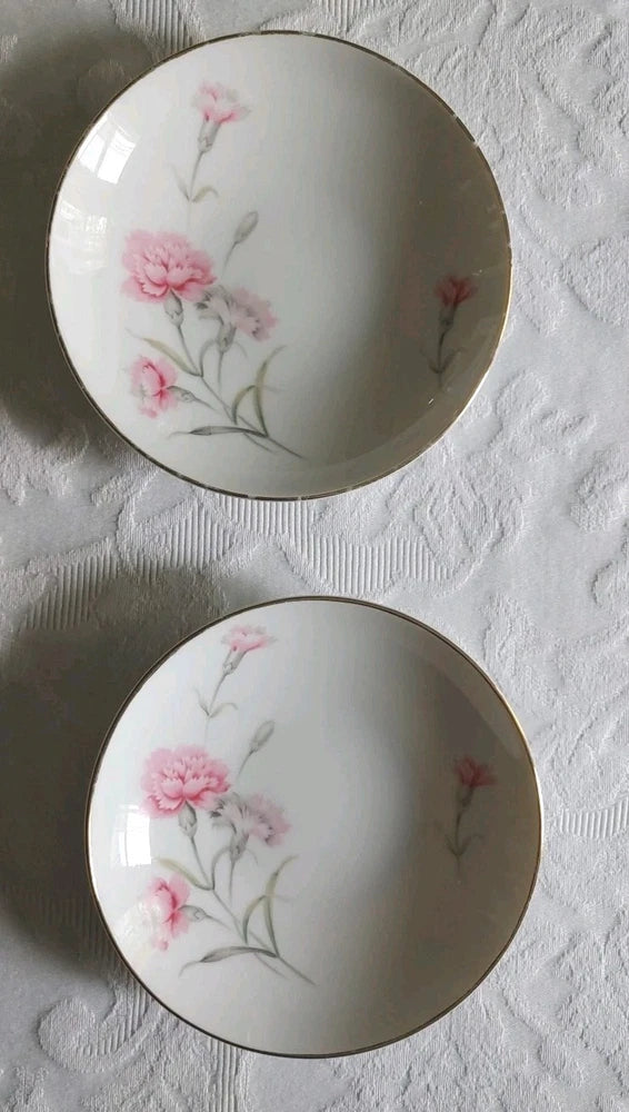 Vintage Royal Court Pink Carnation 5 1/2" Berry Bowls Set Of 2, Gold Edge Japan Carnation