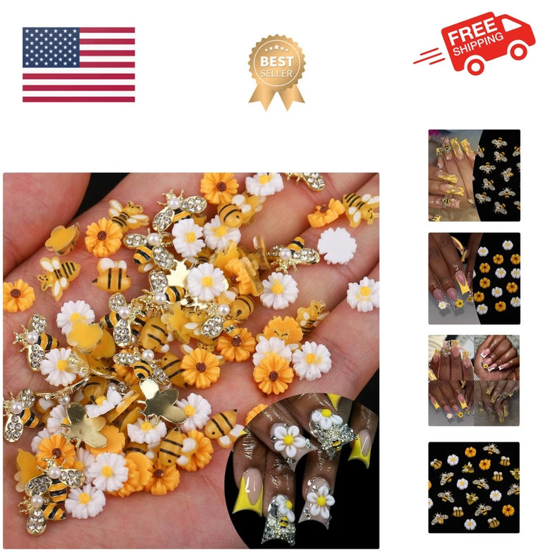 Tiny Bee Nail Art Charms Resin Cartoon Daisy Flower Nail Gems 3D Gold Alloy B... Daisies