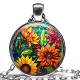 Cartoonish Vivid Flower Garden Radiating Positivity Flowers Pendant Necklace Sunflower