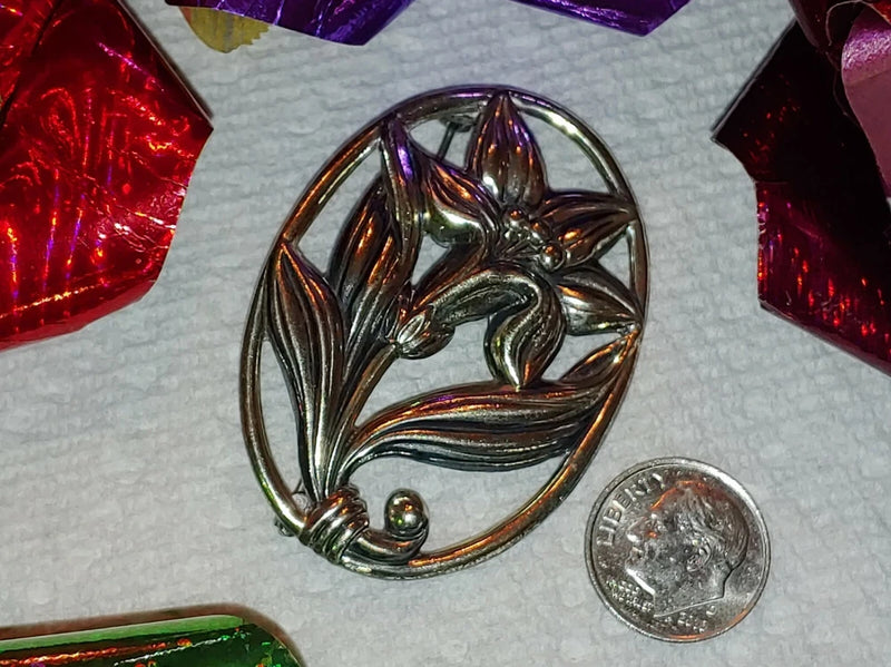 Vintage Danecraft Sterling Silver Tiger Water Lily Flower Floral Pin Brooch Lily