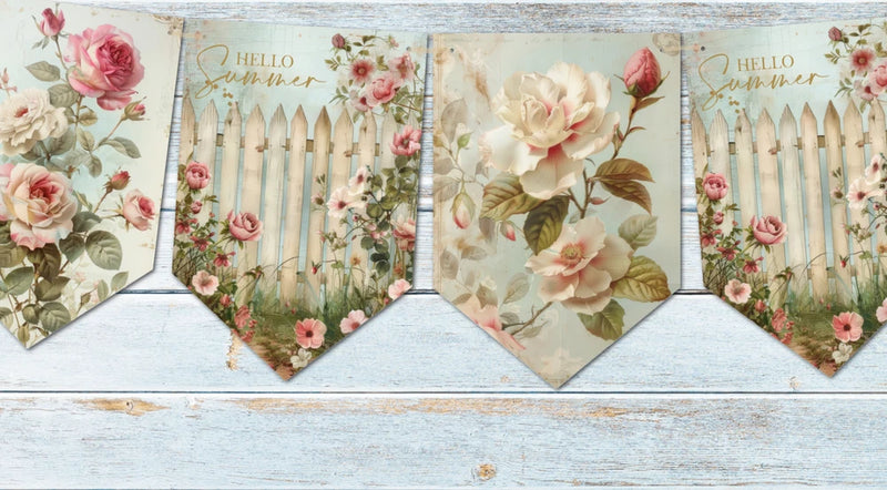 Floral rose bunting with triangular pennants, beige and pink roses, "Hello Summer"