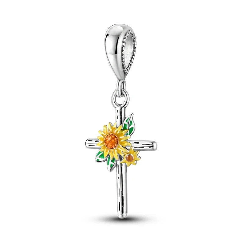 925 sterling silver cross charm with yellow sunflower and green leaves, hanging loop