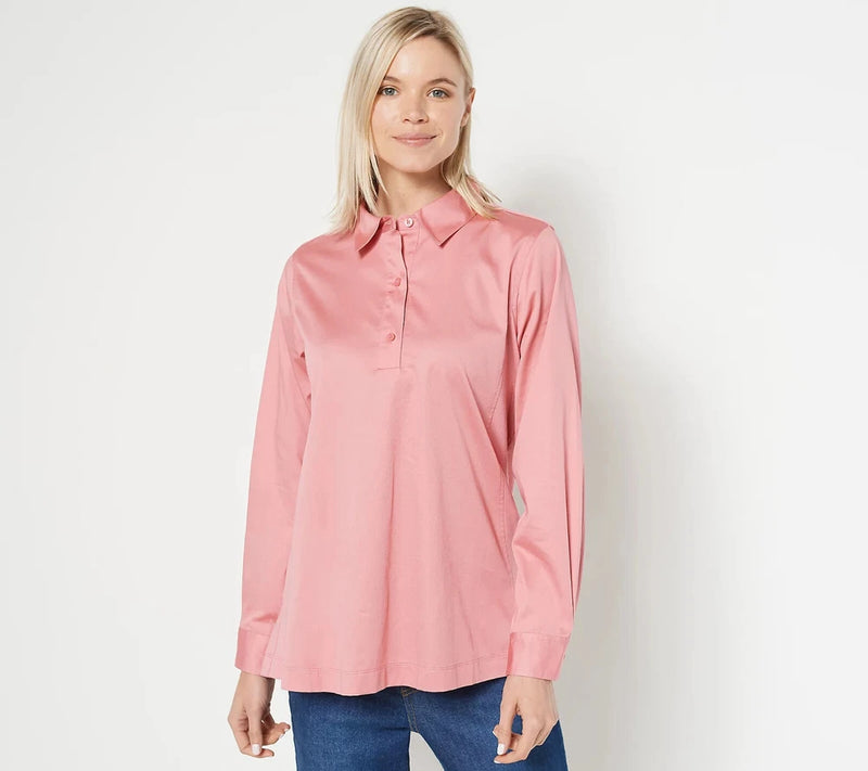 Isaac Mizrahi Live! Half Button Front Blouse-Carnation Bloom-Reg 6-NEW-A463487 Carnation