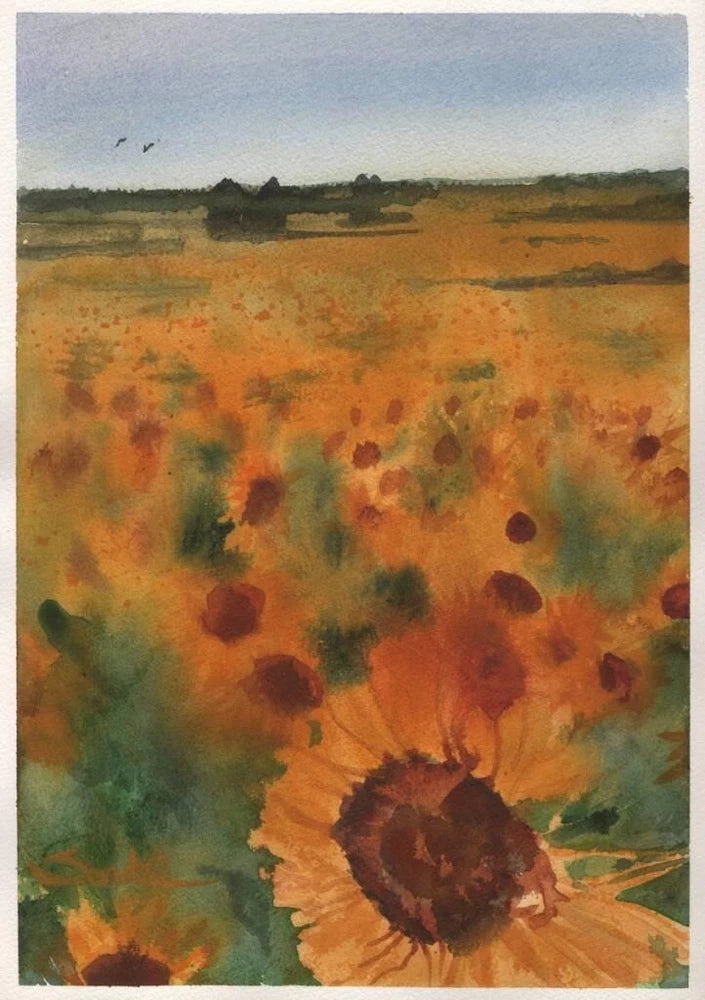 Sunflowers : Sandra Watercolorsª California : ORIGINAL PAINTING Field Landscape Sunflower