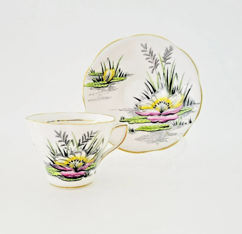 Vintage Rosina Water Lily Teacup & Saucer July Flower of the Month Pink Yellow Lily
