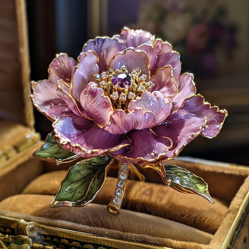 Purple enamel peony flower brooch with pearl-like center and gold-tone leaves