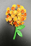 VTG Enamel Flower Brooch Bright Orange Yellow Red Green Stem Leaf Hydrangea VG Hydrangea