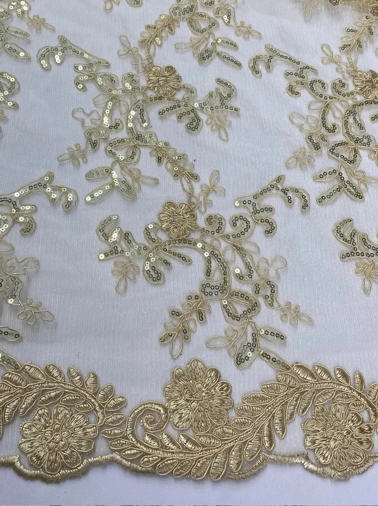 Beige corded Floral lace with sequin Fabric Sold By Yard 52" Wide Elena Flowering Plants