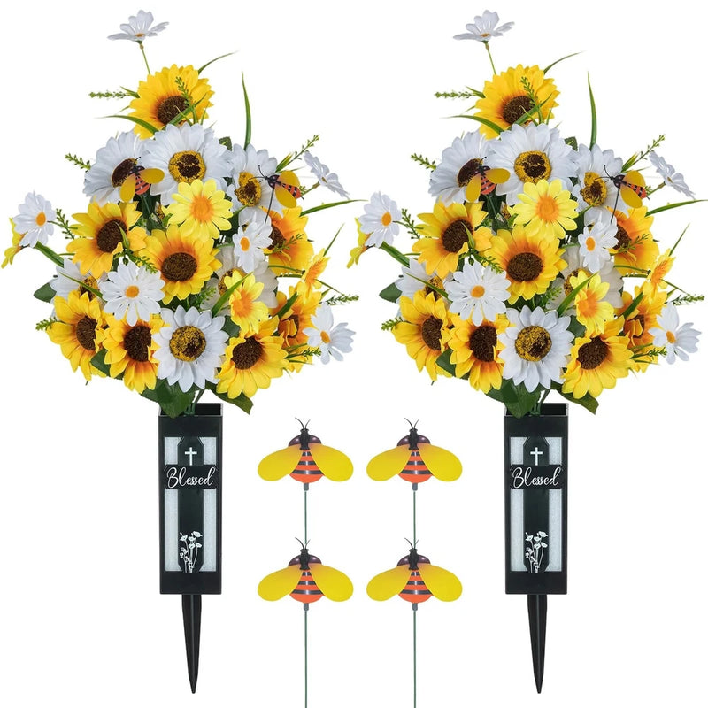 Artificial grave flower set: yellow sunflowers and white daisies, black stakes, Blessed tags