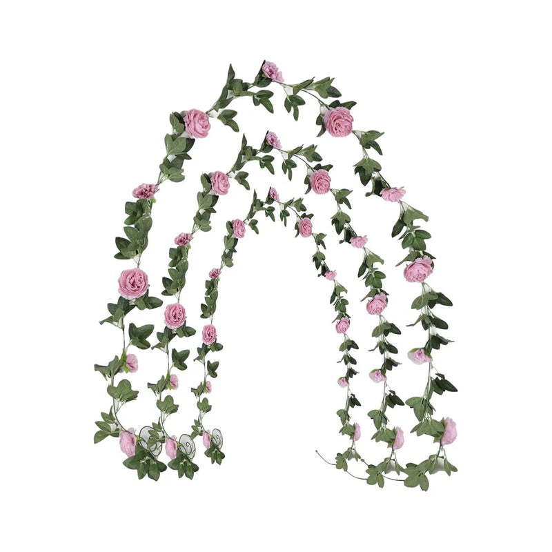 Peony flower garland with pink silk blossoms and green leafy vines, 2 m