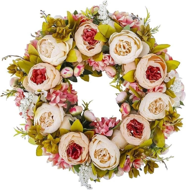 Artificial peony flower wreath with cream, red, pink blooms and green leaves, round design