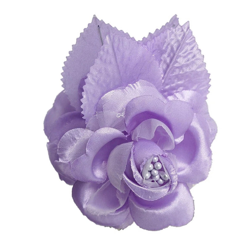 Lavender silk rose corsage pick with layered fabric petals and pearl-like center
