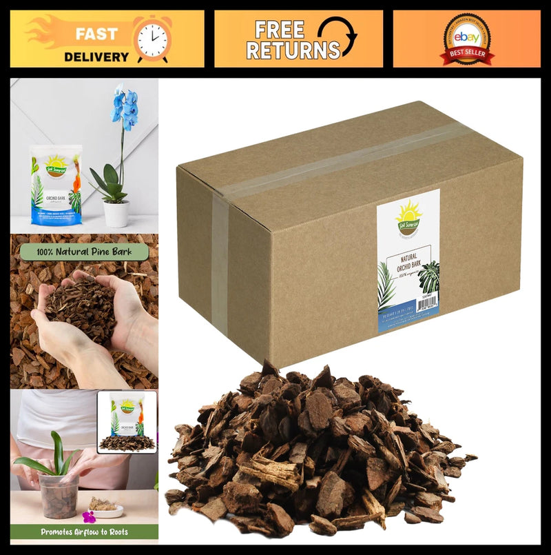 Organic orchid potting bark mix with pine bark pieces in a cardboard bag