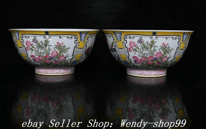 6" YongZheng Marked Famille Rose Porcelain Lotus Peony Flower Bowl Bowls Pair Peony