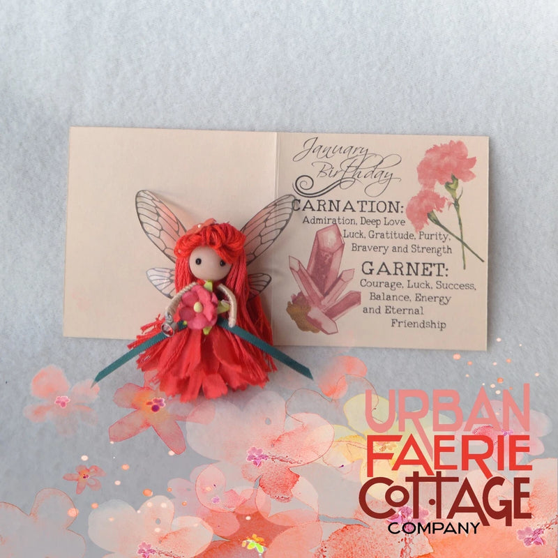 Handmade January Birthday Red Garnet carnation flower fairy doll ornament Carnation