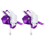 2 Pcs Wedding Boutonnieres Silk Rose Pearls Wedding Bridesmaid Purple Bouquet