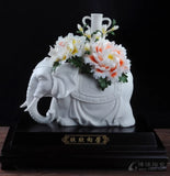 14'' Chinese Dehua White Porcelain Fengshui Elephant Animal Peony Flower Statue Peony
