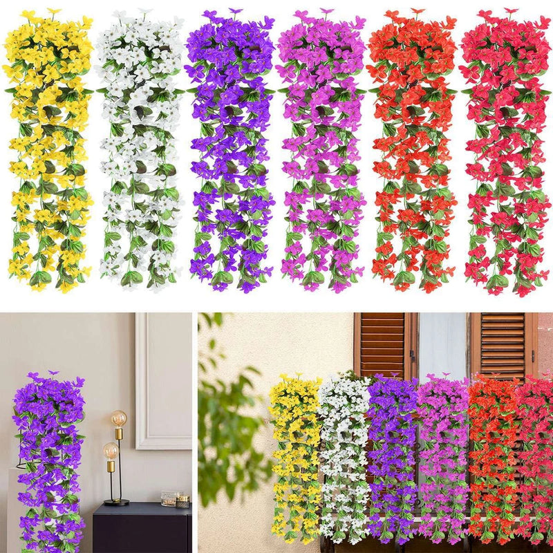 Artificial hanging flower vine with multicolor faux rose blossoms and leafy green stems