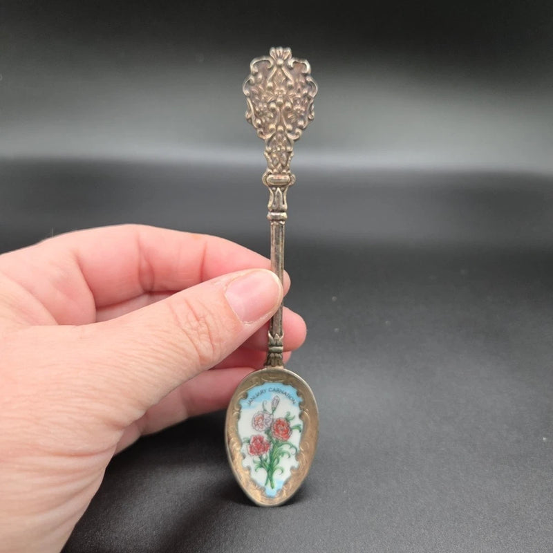 Vintage Souvenir Spoon January Carnation Flowers Silver  germany Carnation