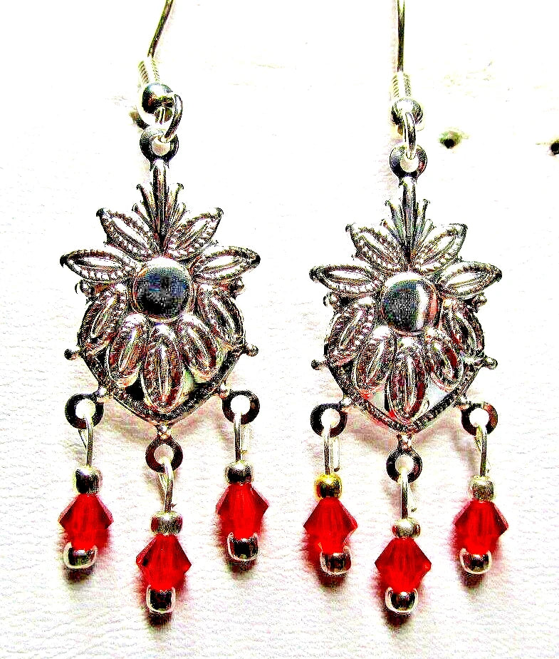 Sunflower chandelier earrings with red crystal drops and silver-tone pierced design