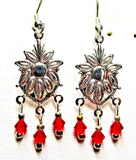 Silver Indian Red Bi-Cone Crystal Fancy Sunflower Pierced Earrings - NEW (#282) Sunflower