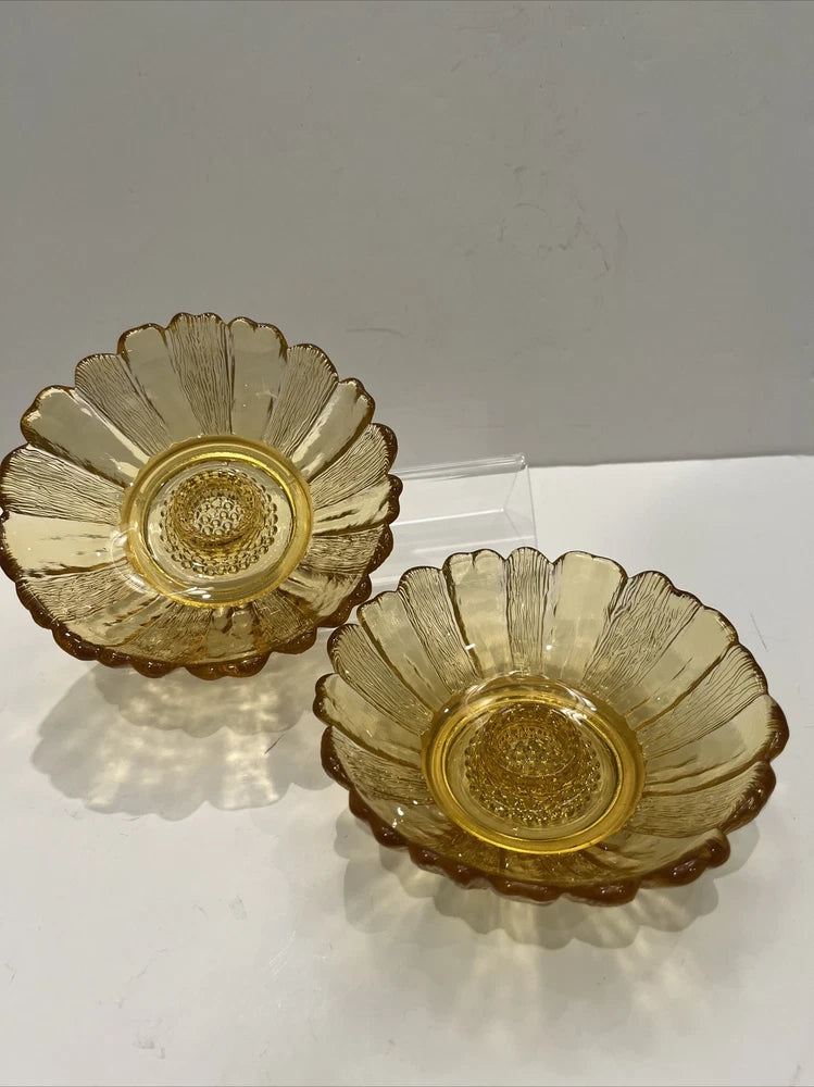 VINTAGE AMBER Candlestick Holders Sunflower Design MCM Anchor Hocking. Lot Of 2. Sunflower